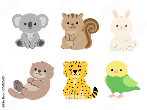 Cute animal character illustration set (Koala, Squirrel, Rabbit, Sea otter, Serval cat, Parakeet) Vector