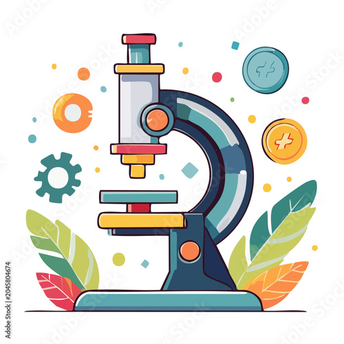 Flat design illustration of a microscope with science elements