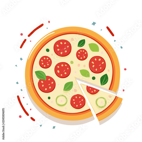 Flat design illustration of a pepperoni pizza with a slice removed