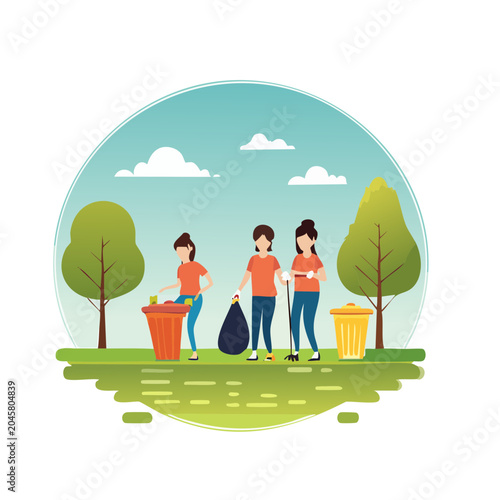 People cleaning park in flat design style