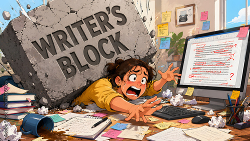 Stressed writer crushed by a giant stone block in a chaotic office, depicting intense work stress.