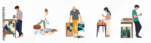 Vector illustration set of diverse people enjoying the relaxing hobby of assembling jigsaw puzzles at home, isolated on a white background.