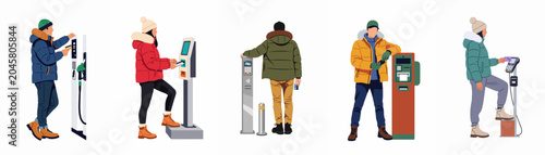 Bild auf Leinwand Flat vector set of people in winter outerwear using various self-service payment terminals, kiosks, and outdoor machines, isolated on a white background