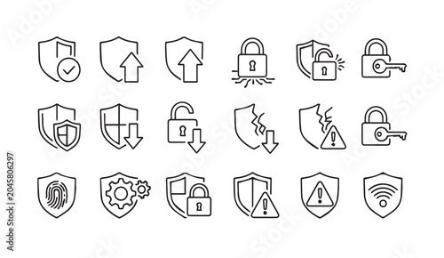 Security icons collection with shields locks and alerts on white background thin line style