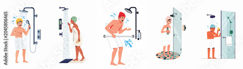 Photography Collection of people experiencing various common problems and frustrations in the shower, such as cold water, plumbing leaks, and temperature issues