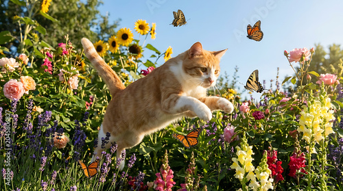 A playful orange cat jumping through a vibrant garden filled with colorful flowers and butterflies