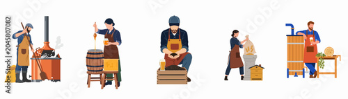Collection of flat vector illustrations depicting artisanal workers engaged in traditional processes like brewing, honey extraction, grain processing, and craft beer production.