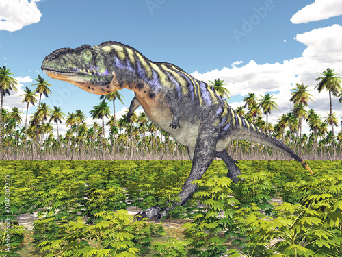 Dinosaurier Aucasaurus in einer Landschaft mit Palmen
