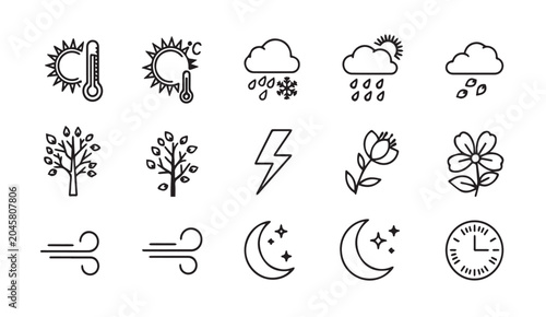 Set of weather icons with sun thermometer clouds snow rain lightning tree flower and moon