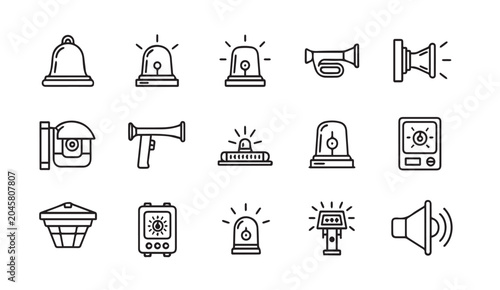 Set of warning sirens and alarms in a clean flat line icon style on white background