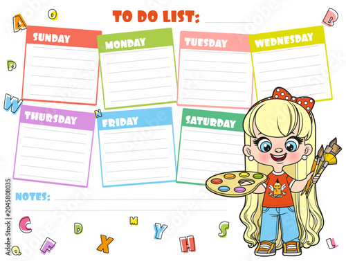 Valokuva To do list for writing plans for the week with a cute  cartoon long haired girl