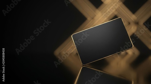 blank black credit card with gold rim on reflective surface