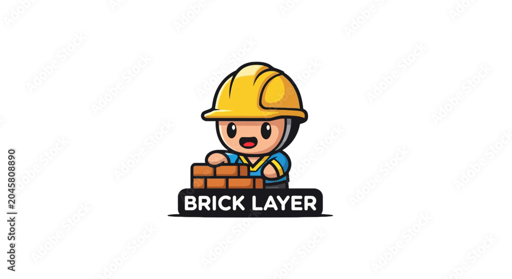 Fototapeta premium Cartoon construction worker wearing yellow hardhat.