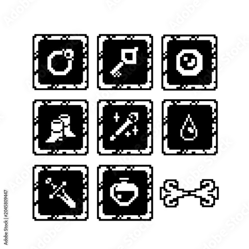 Pixel art fantasy inventory icons set with key, potion, boots, wand and artifact symbols, retro RPG item collection in monochrome 8-bit style