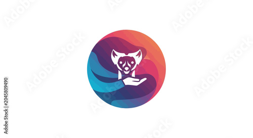 A stylized graphic illustration of a small animal held in a human hand