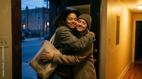 Two young women embrace warmly in a doorway at dusk