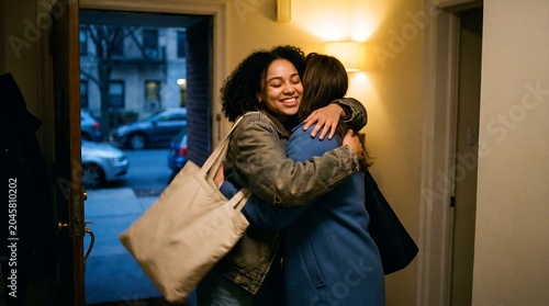 Two women embrace warmly in a doorway with a tote bag over one shoulder