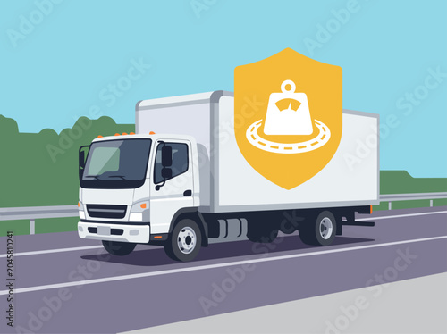 Valokuva A white truck drives on a highway, protected by a shield symbolizing fleet compliance and road infrastructure preservation
