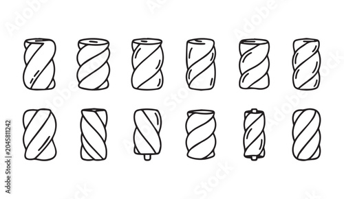 Twisted marshmallow shapes in a simple line drawing against a white background for confectionary design
