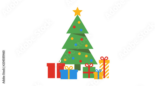 Christmas Tree with Gifts, Festive Holiday Decoration, Vector Illustration