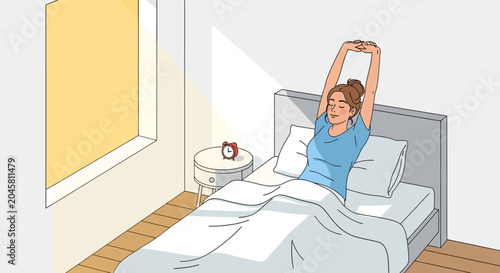 Woman Stretches in Bed Morning.