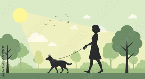 Woman walking dog on leash outdoors.