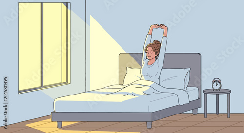 Woman stretching on bed in morning.