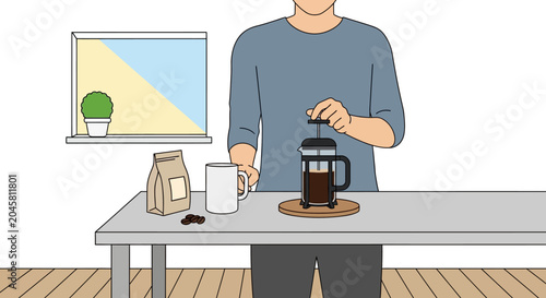 Man pouring coffee from French press.