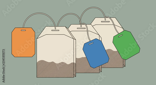 Tea bags with colorful labels.