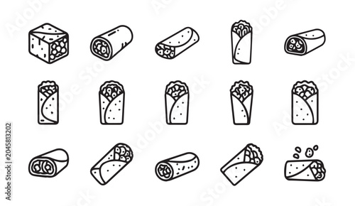 Various burrito and taco icons in a clean line drawing style on a white background