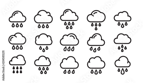 Various cloud icons with rain drops during a simple linear illustration