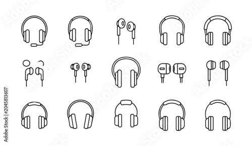 Various headphone icons in a clean line art style against a white background for digital use