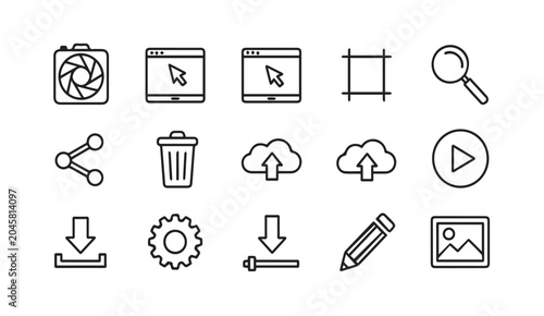 Vector icons for digital media and web design with clean lines on white background