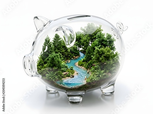 Glass piggy bank filled with a vibrant forest and river ecosystem
