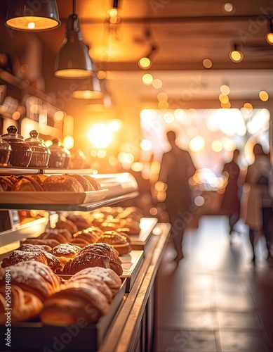 Warm morning light illuminates a bakery display filled with fresh pastries.