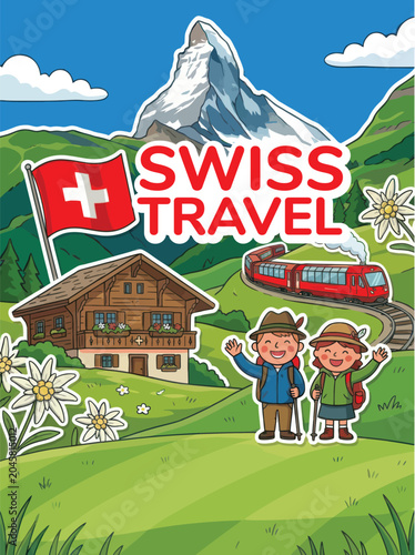 Swiss tourism promotional poster vector illustration. Features Matterhorn mountain peak and traditional wooden chalet.