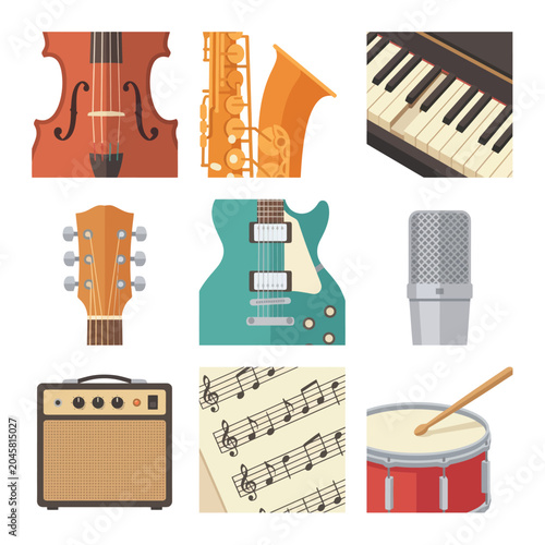 A collection of square flat vector illustrations featuring various musical instruments and audio equipment.