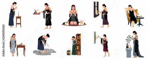 Fotografie Elegant illustrations of a woman in silk slips performing candle rituals, mourning, and reflecting in a melancholic and spiritual atmosphere