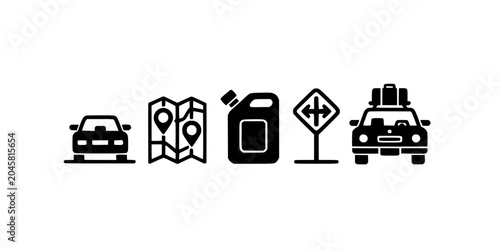 Traffic Road Signs and Vehicle Icons on a Simple Black and White Signage Symbol Background Featuring Car, Truck, Ambulance with Map and Location Pin