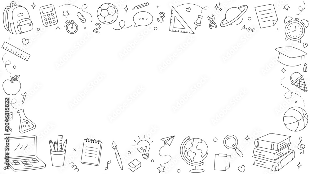 Fototapeta premium Minimal School Doodle Background with Academic Line Icons, Study Tools and Empty Space for Education Content