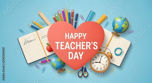 Happy Teachers Day illustration with school supplies and a red heart shape