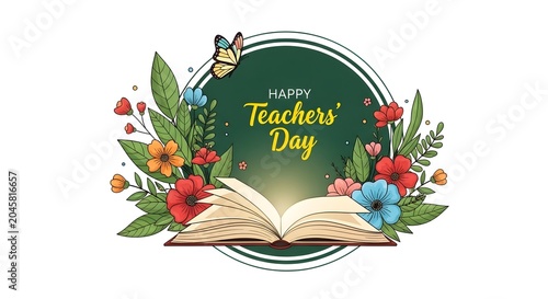 Floral teachers day illustration with open book and butterfly on green background