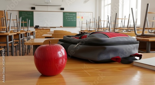 Classroom scene with backpack and red apple on wooden desk education and learning concept