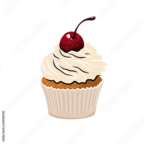Valokuva Cherry Cupcake with Vanilla Cream Frosting Hand Drawn Illustration