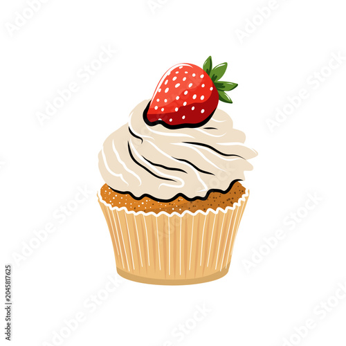 Valokuva Strawberry Cupcake with Vanilla Whipped Cream Hand Drawn Illustration