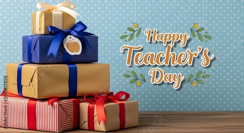 Stacked gifts with ribbons and teachers day typography on a dotted blue background