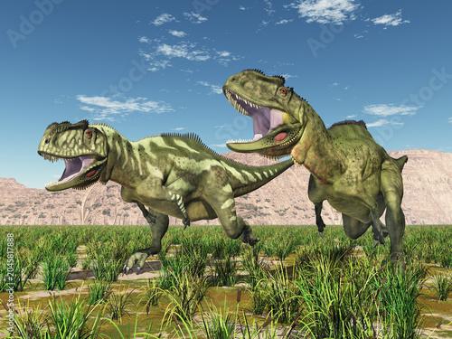 Dinosaurier Yangchuanosaurus in einer Berglandschaft