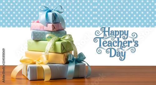 Stacked gifts with ribbons and a Happy Teachers Day greeting on a light blue background