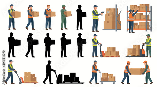 Slika na platnu Professional vector collection of warehouse workers performing logistics and inv