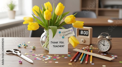 Yellow tulips in a vase with teacher appreciation card and school supplies on wooden desk